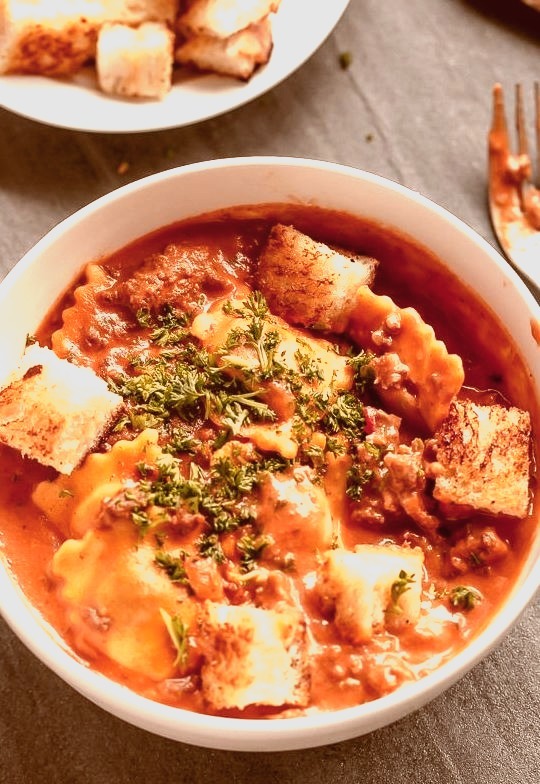 One Pot Ravioli in a Creamy Tomato Beef Sauce