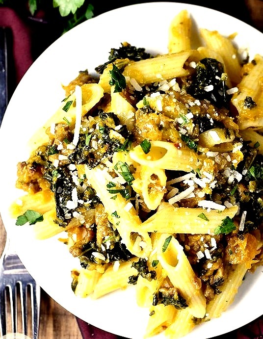 Gluten-Free Penne with Kale, Butternut Squash and Sausage