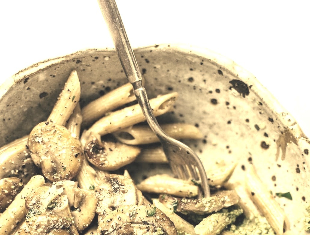 Simple Mushroom Penne with Walnut Pesto
